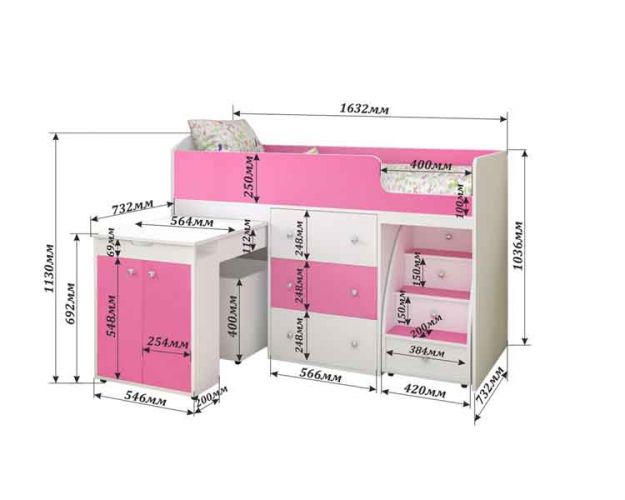 Кровать-чердак Малыш 1800 Белое дерево/Розовый